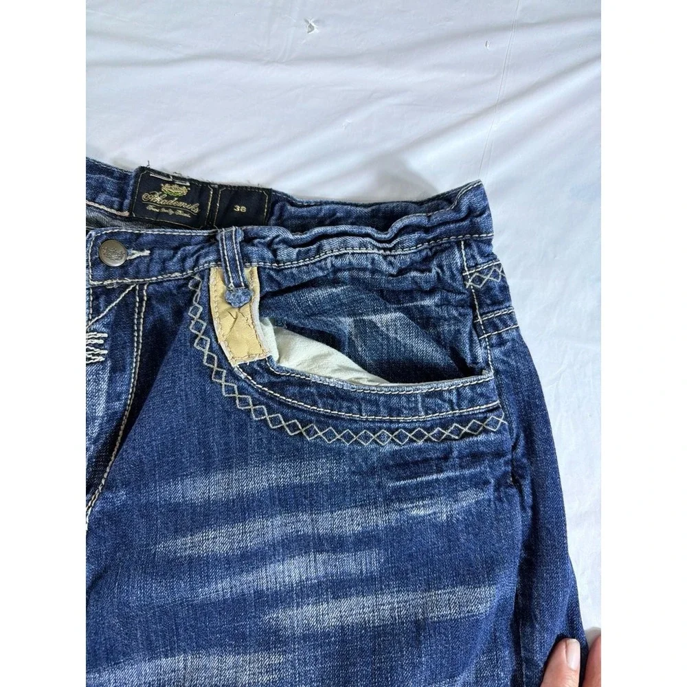 Akademiks Mens Denim Shorts‎ 38 Blue Embroidered Leather Trim Y2K Baggy Hip Hop